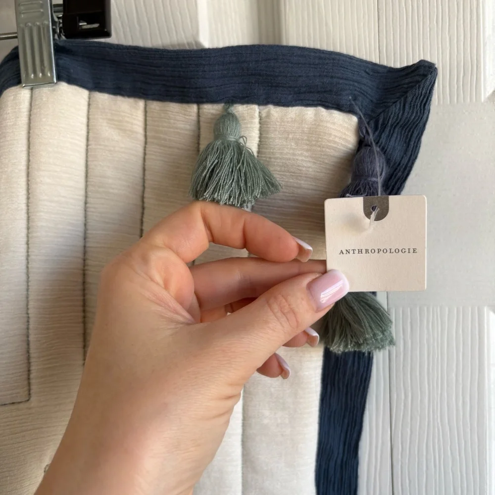 Anthropologie Euro Sham Square Throw Pillow Tassel Unused Cotton Boho White Blue